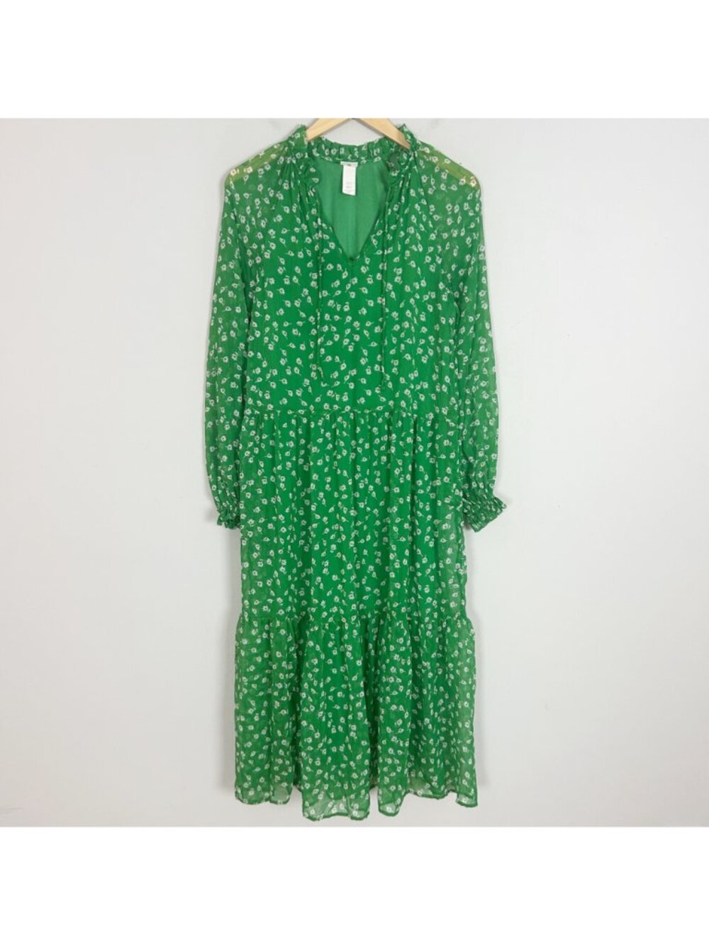 H&M Green Floral Chiffon Maxi Dress Tiered Cottage Prairie Size XS Women's - Picture 2 of 6